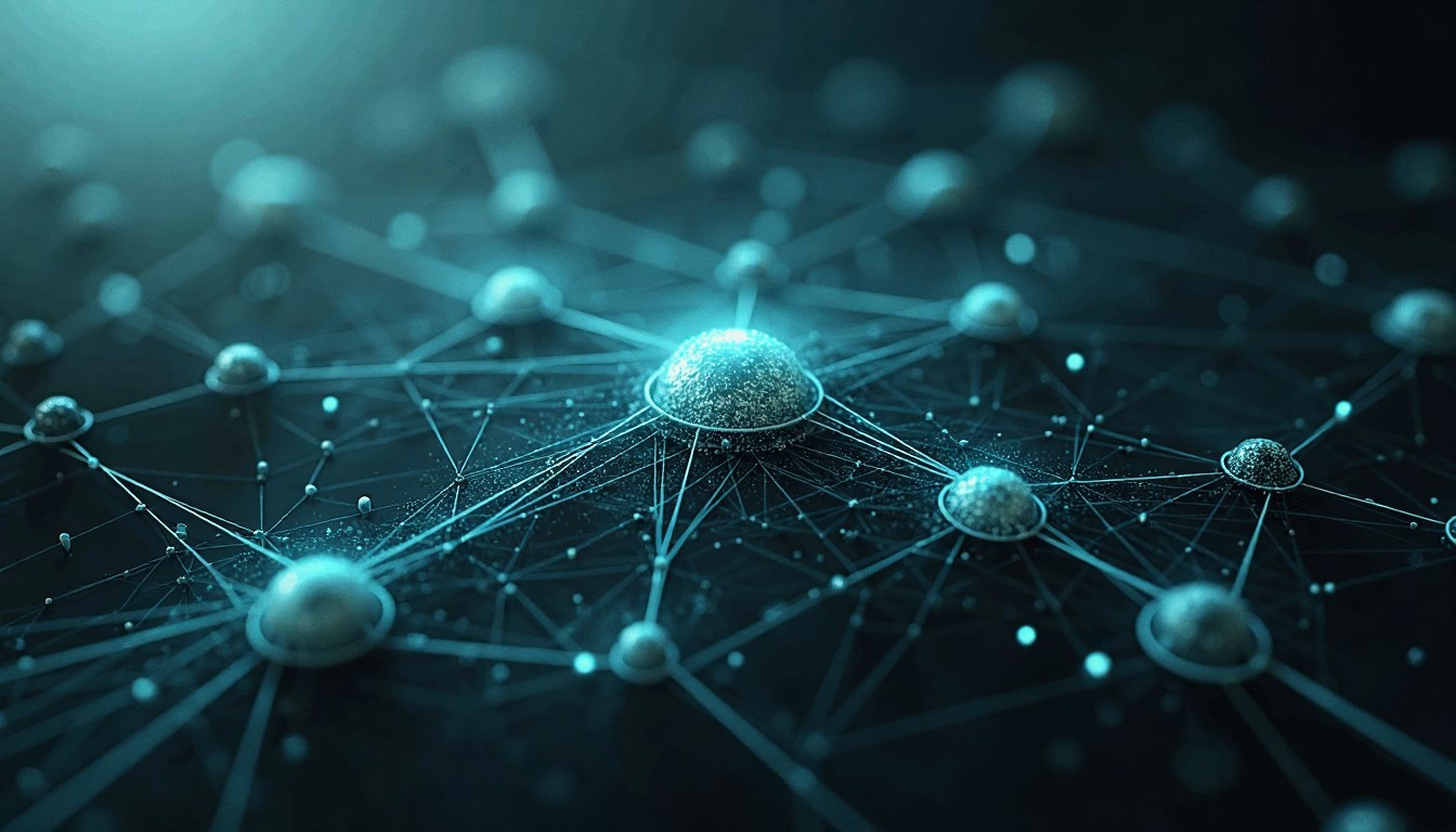 A dark web of nodes illustrating complex data gathering for business and security intelligence.
