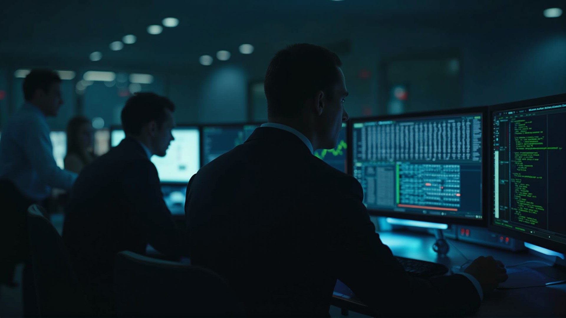 A team of analysts reviewing incident data on a large screen, debriefing and planning.